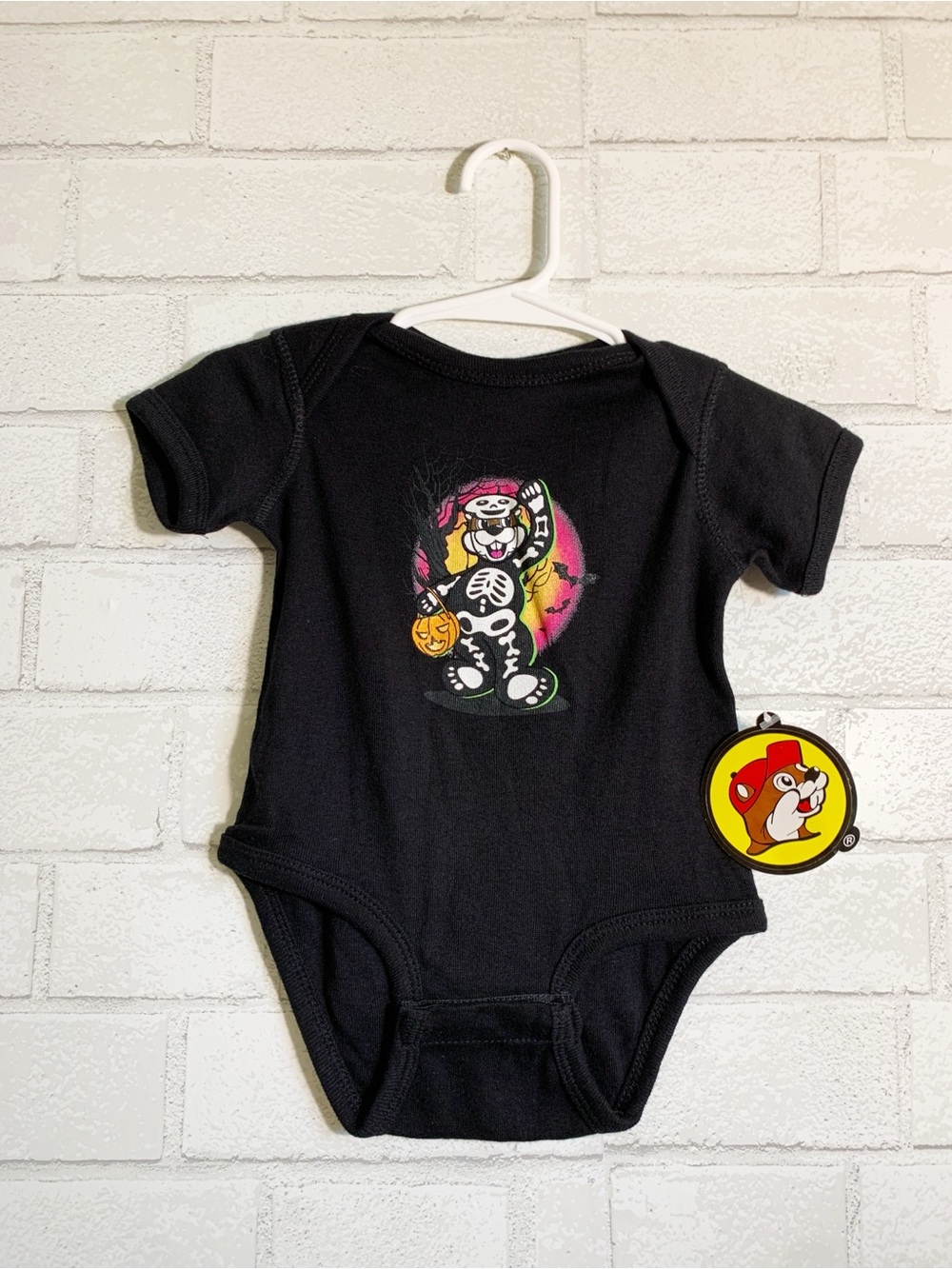 Buc-ees 2022 Halloween Black Skeleton Trick-or-Treat Baby One-Piece Bodysuit 6M